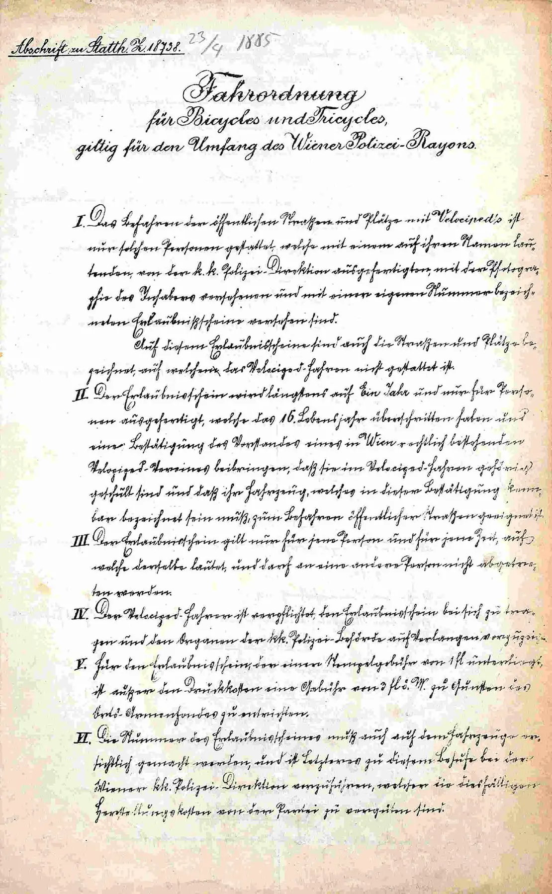 Die strengen Regeln der Fahrordnung für Velociped-Fahrer von 1885, Wiener Stadt- und Landesarchiv