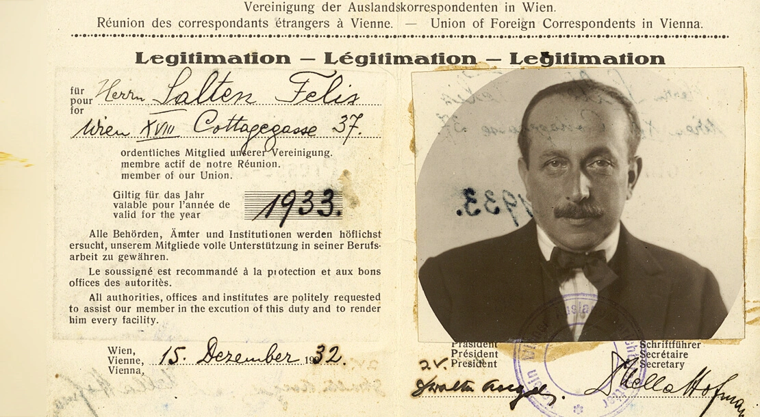 Felix Saltens Presselegitimation, 1933, Wienbibliothek im Rathaus