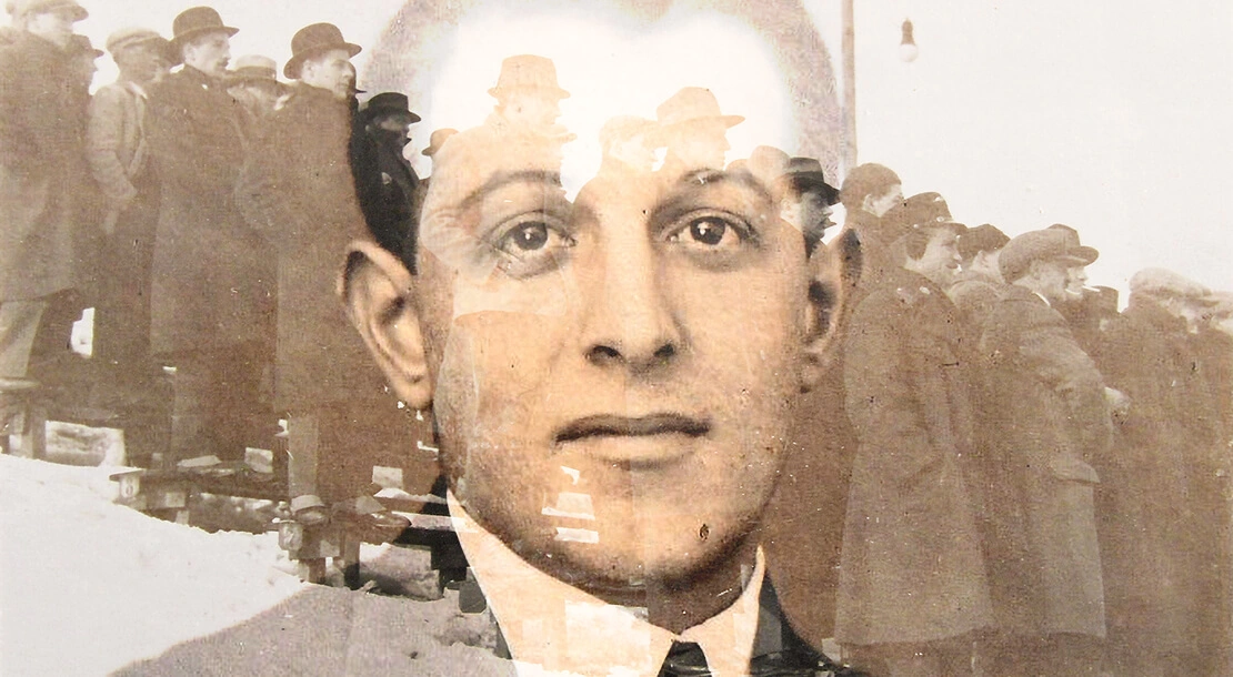 Undatiertes Porträtfoto, Privatsammlung Robert Beig; Zuschauer auf der Hohen Warte, undatiert, Foto: Leo Ernst, Wien Museum; Fotocollage: Tom Koch  