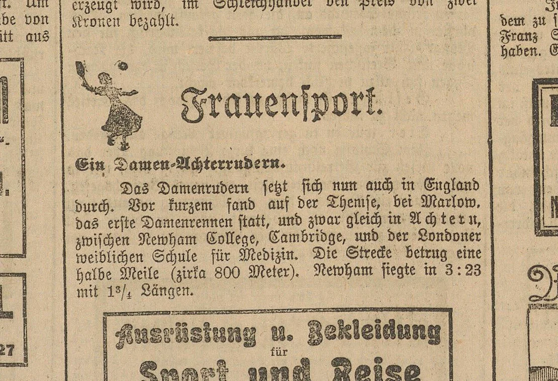 Bericht über Damenrudern als Neuheit in England, Die Frau, 5. Juli 1919, S. 6, ANNO / ÖNB  