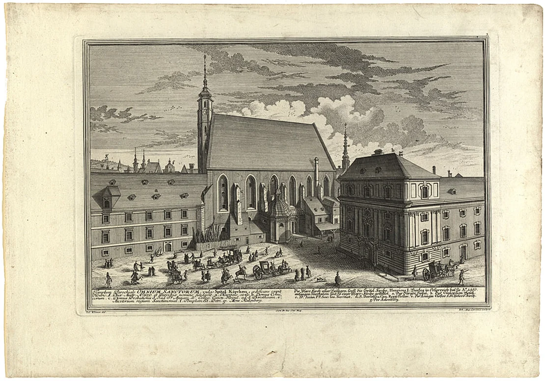 Teile des Bürgerspitals mit Kirche und Kärntnertortheater auf einem Kupferstich nach Salomon Kleiner, 1724, Wien Museum