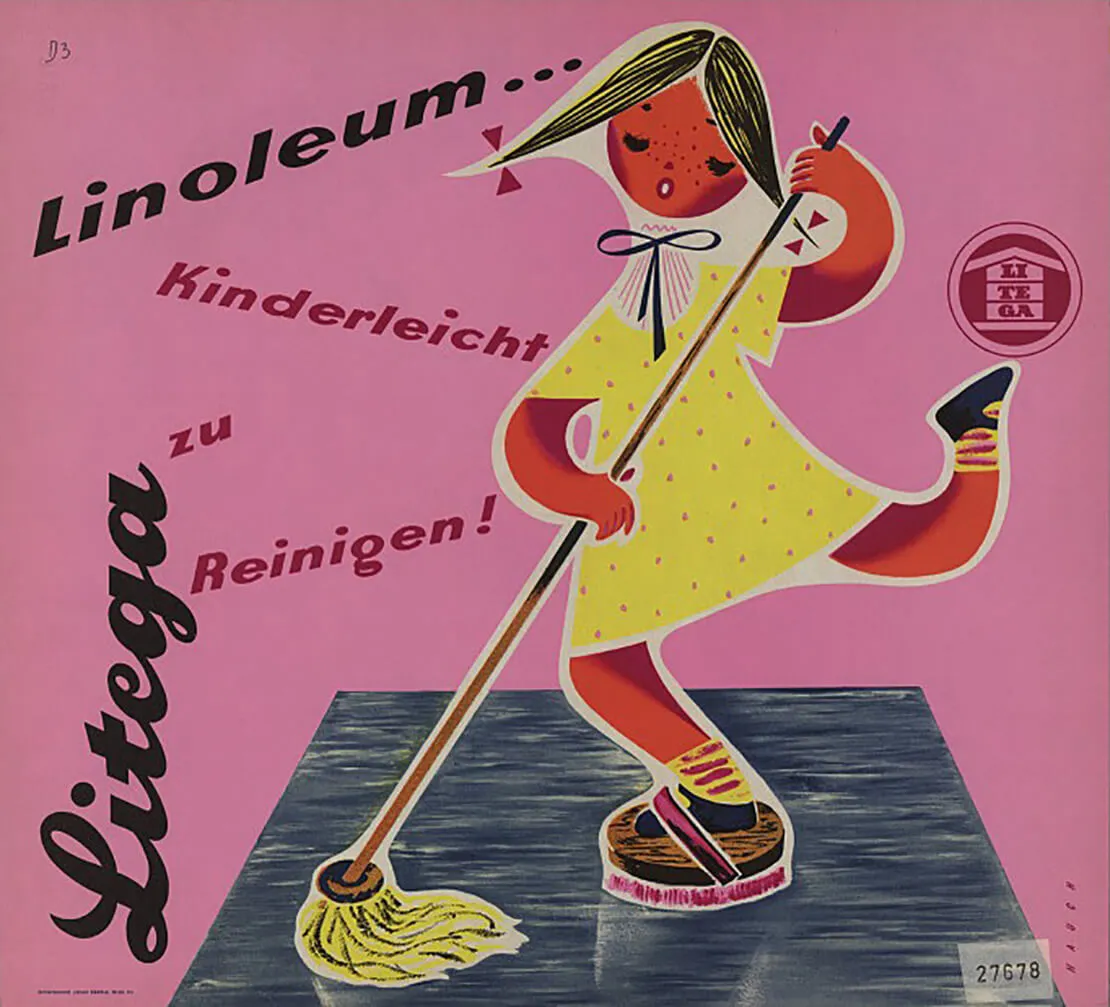 Linoleum-Werbung der Wiener Firma Litega, 1954. Entwurf: Walter Hauch, Druck: Josef Eberle, Wienbibliothek im Rathaus  