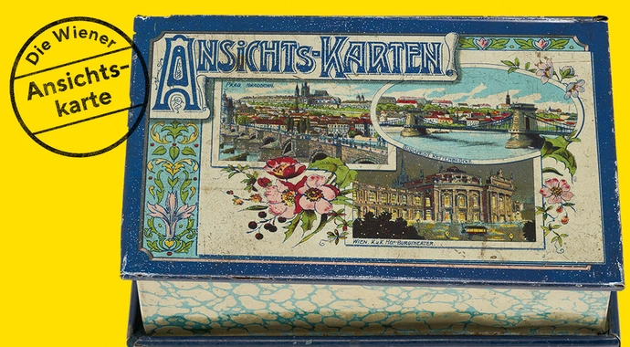 Sammelbox mit Ansichten von Wien, Budapest und Prag für 100 Karten, um 1898, Blech lackiert, Sammlung Lukan, Wien
