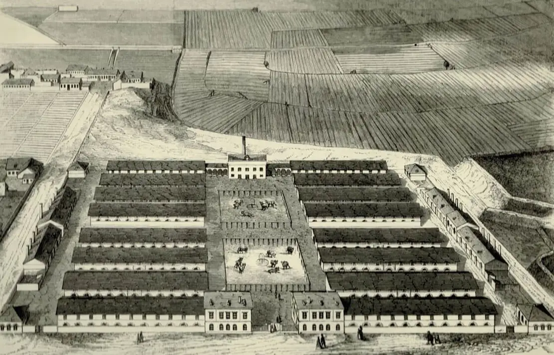 Der erste Schlachthof in St. Marx an der Viehmarktgasse, um 1848. Der Weg am linken Bildrand ist die heutige Schlachthausgasse. Quelle: Faksimile einer Druckgrafik, Mitte des 19. Jahrhunderts, Privatarchiv