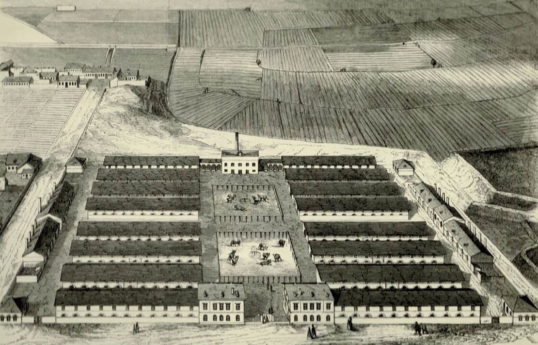 Der erste Schlachthof in St. Marx an der Viehmarktgasse, um 1848. Der Weg am linken Bildrand ist die heutige Schlachthausgasse. Quelle: Faksimile einer Druckgrafik, Mitte des 19. Jahrhunderts, Privatarchiv  