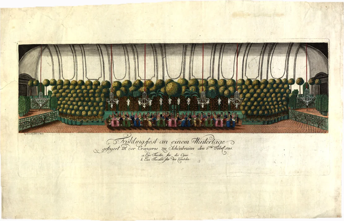 Frühlingsfest an einem Wintertag in der Orangerie von Schönbrunn am 6. Februar 1785, kolorierter Kupferstich, Verlag Johann Hieronymus Löschenkohl, Wien Museum, Inv.-Nr. 179.092  