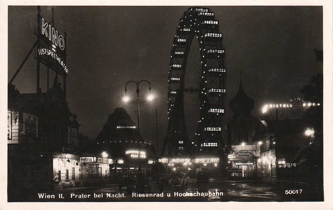 Wien II., Prater bei Nacht, Riesenrad u. Hochschaubahn, 1940, Hersteller: P. Ledermann, Wien, Sammlung Payer