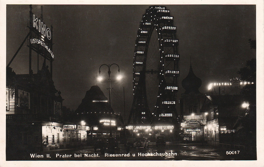 Wien II., Prater bei Nacht, Riesenrad u. Hochschaubahn, 1940, Hersteller: P. Ledermann, Wien, Sammlung Payer 
