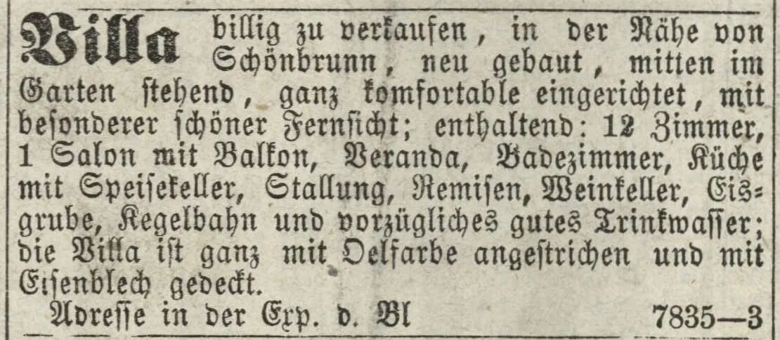 Annonce im Fremden-Blatt, 13. Februar 1861, S. 8. Quelle: Anno/ÖNB  