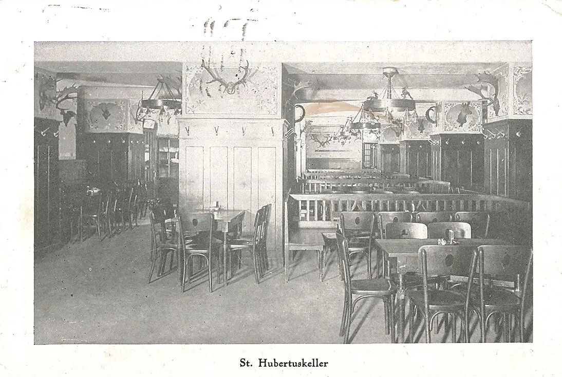 „Franz Dörners Restaurant ‚St. Hubertus‘ Wien VI. Mariahilferstraße 49“, Postkarte, 1919, QWIEN Archiv  