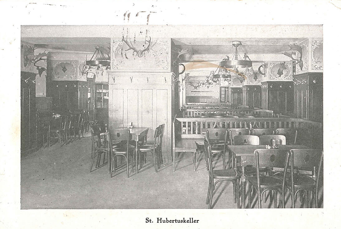 „Franz Dörners Restaurant ‚St. Hubertus‘ Wien VI. Mariahilferstraße 49“, Postkarte, 1919, QWIEN Archiv 