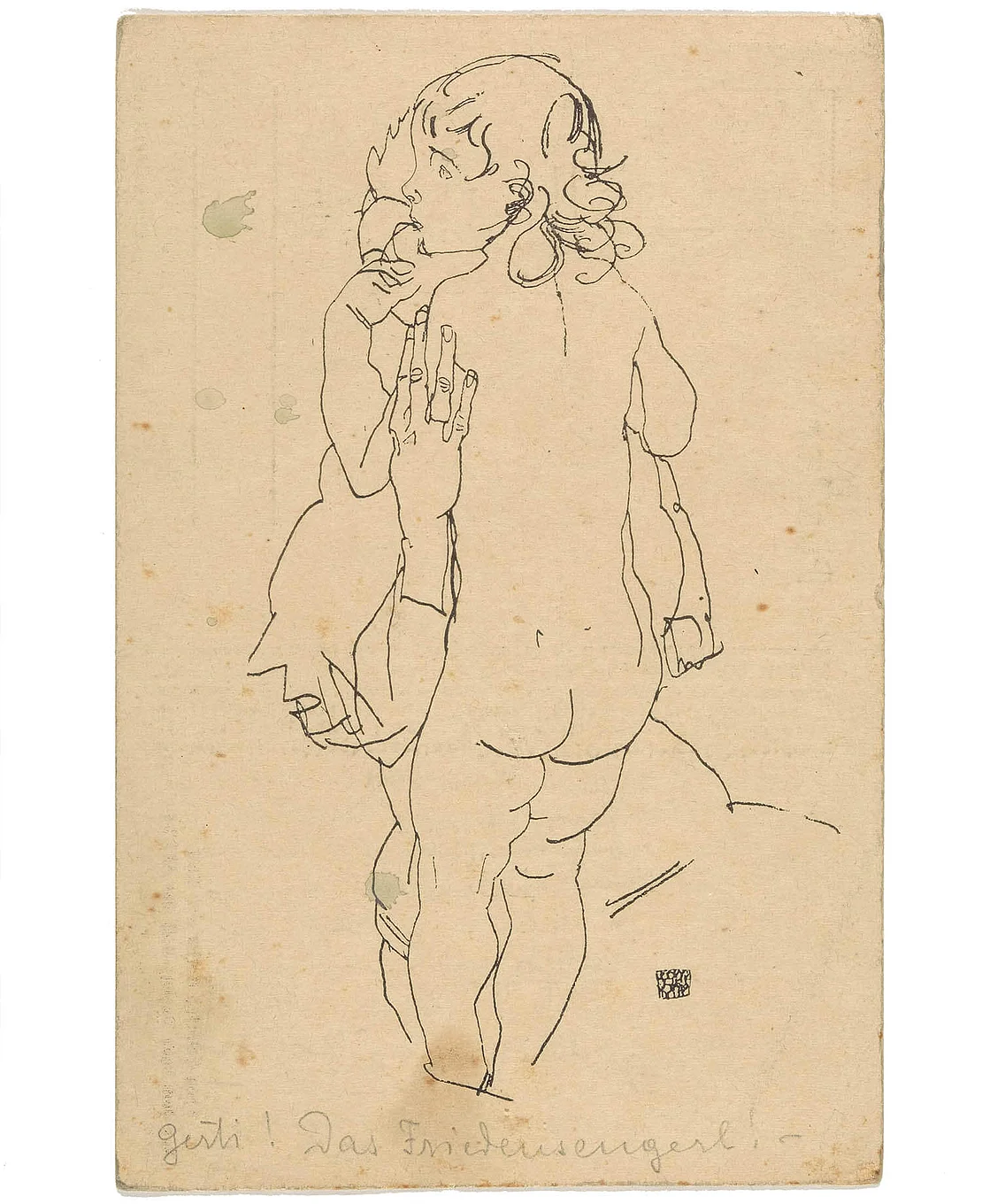 Postkarte mit der Reproduktion einer Zeichnung von Egon Schiele 1916, versendet von Anton an Gerti Peschka am 4.1.1917  