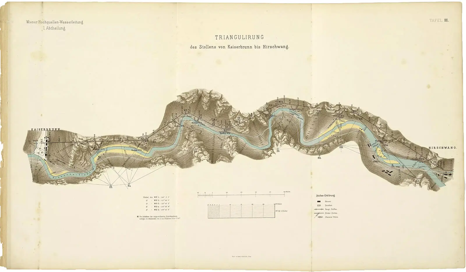 Triangulierungsplan des Stollens zwischen Kaiserbrunn und Hirschwang, aus: Carl Mihatsch (Hg.): Der Bau der Wiener Kaiser Franz Josef Hochquellen-Wasserleitung, 1881, Wien Museum   