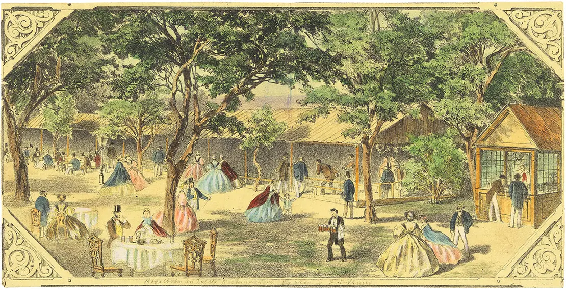 Kegelbahn in Zobels Restaurationsgarten im Fünfhaus, Lithografie, 1891, Wien Museum  