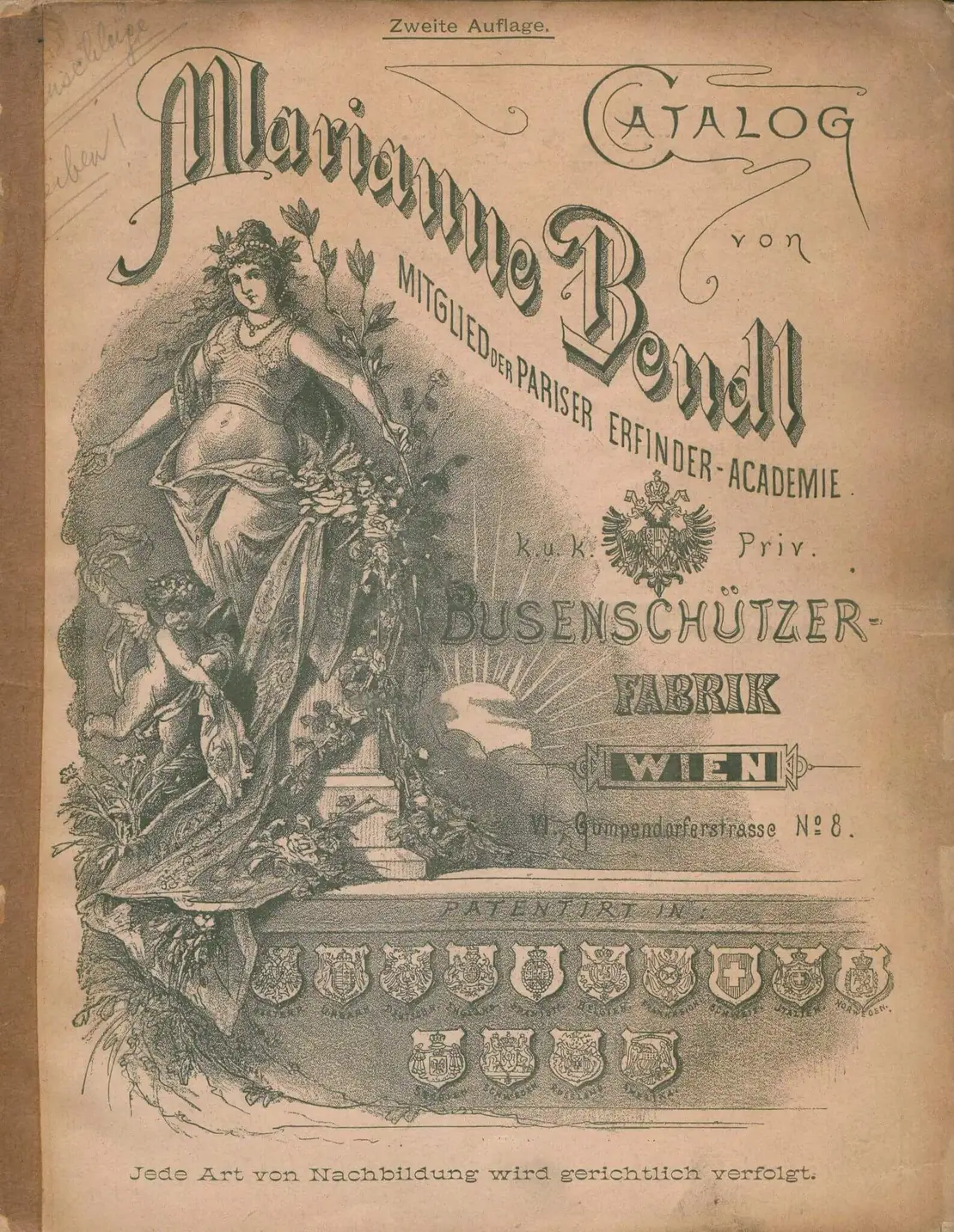 Catalog von Marianne Bendl, K.U.K. Priv. Busenschützer-Fabrik Wien, 1893, Universitätsbibliothek der Universität Wien