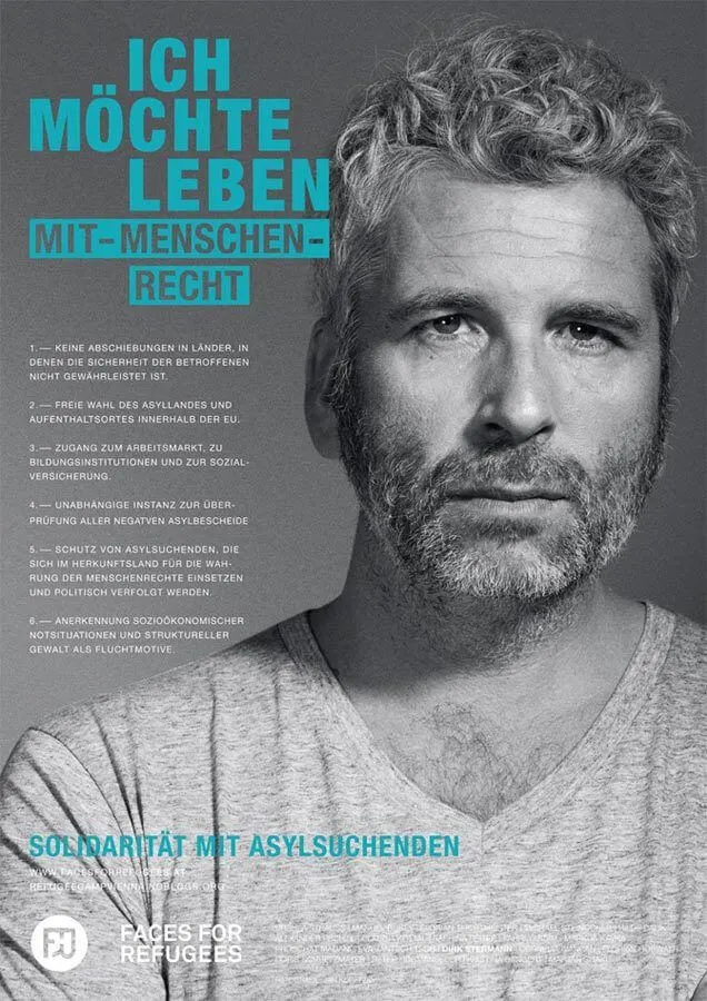 Sujet mit Dirk Stermann im Rahmen der „Faces for Refugees“-Kampagne, 2013, Foto: Jan Kopetzky, Grafik: Morphoria Collective    