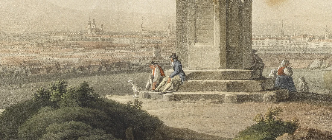 Panorama der Stadt Wien von der Spinnerin am Kreuz aus, kolorierter Kupferstich von Wilhelm Friedrich Schlotterbeck nach Joseph Fischer (Ausschnitt), um 1818, Wien Museum