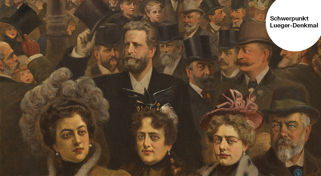 Ausschnitt aus Carl von Sturs Gemälde „Die alte und die neue Gasbeleuchtung“ mit Karl Lueger in der Menge, 1900, Wien Museum 