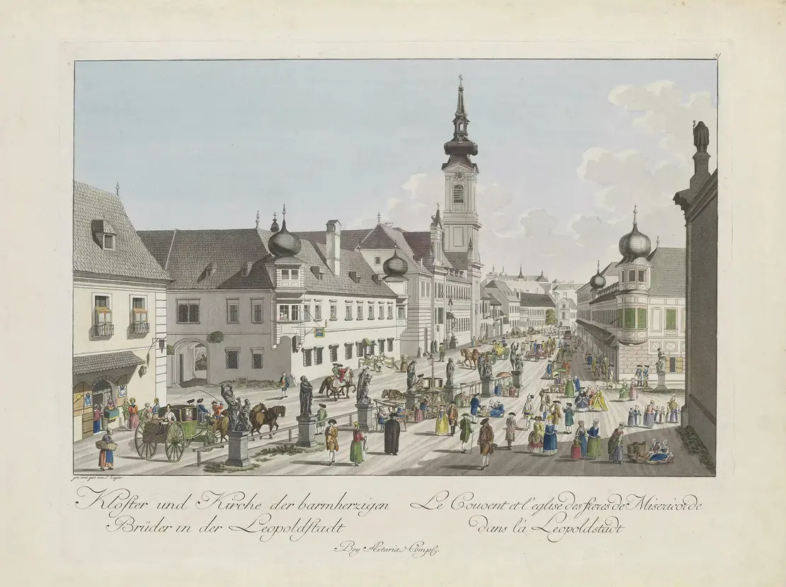 Johann Andreas Ziegler: Blick in die Taborstraße stadteinwärts, links im Vordergrund das Gasthaus „Zum Goldenen Ochsen“, kolorierter Kupferstich, Verlag Artaria & Co., 1783, Wien Museum, Inv.-Nr. 105673