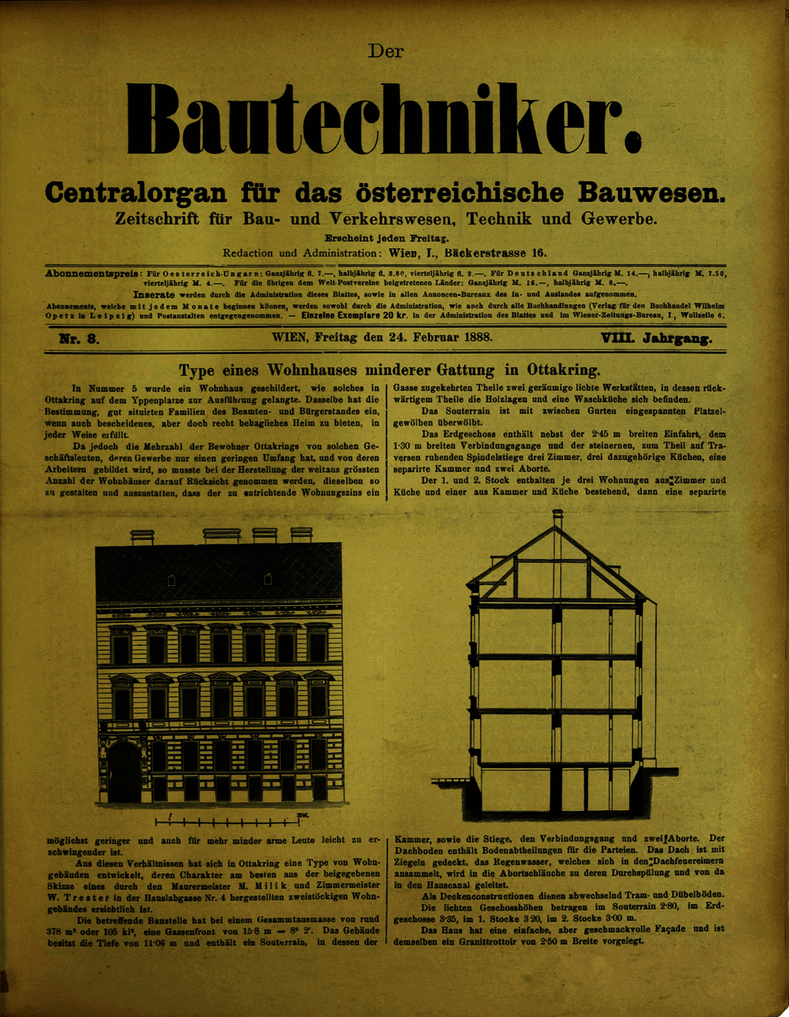 Entwurf für eine „Type eines Wohnhauses minderer Gattung in Ottakring“, erschienen im „Bautechniker“ von Februar 1888, Quelle: ANNO/ÖNB 