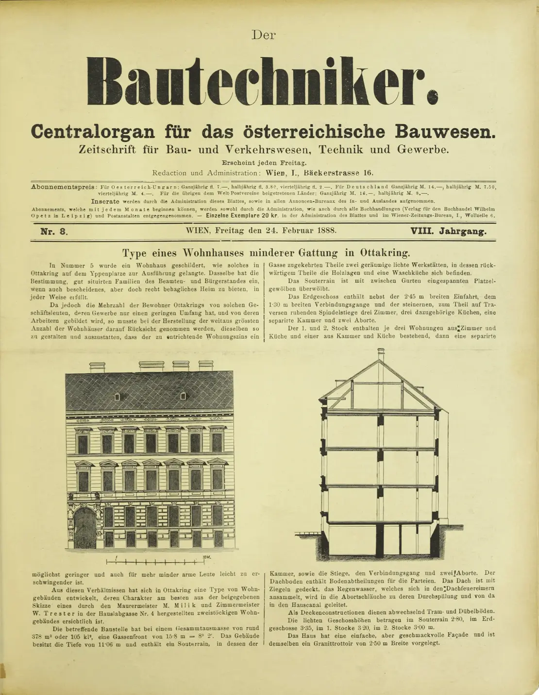 Entwurf für eine „Type eines Wohnhauses minderer Gattung in Ottakring“, erschienen im „Bautechniker“ von Februar 1888, Quelle: ANNO/ÖNB  