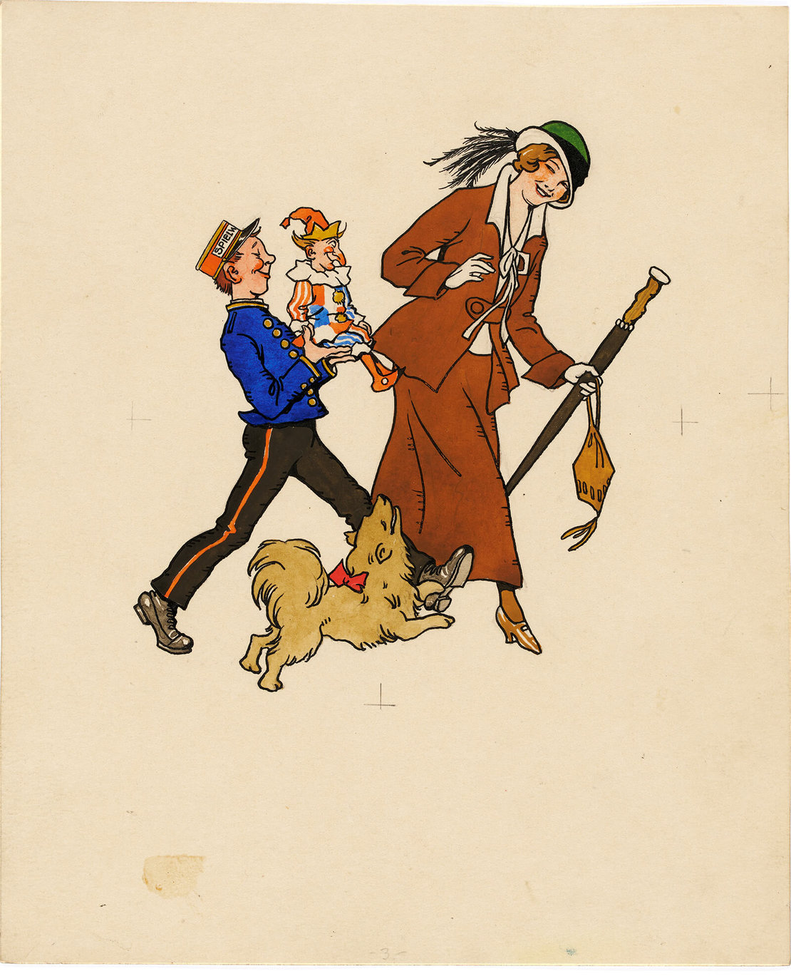 „Eine Dame kommt gegangen. „Kasperl, ach wie schön bist du! Will dich meinem Heini kaufen, ja, das lässt mir keine Ruh!“, Gouache-Federzeichnung von Ernst Kutzer, 1924, für das Buch „Kasperls Freud und Leid“. 