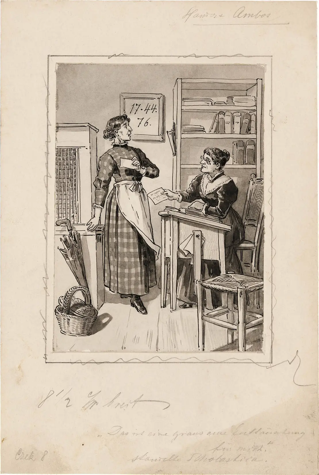Titelbild: „Das ist eine grausame Enttäuschung für mich!“ (S. 90). Insgesamt enthält das Bändchen 1 Vollbild (Titelbild). Lavierte Federzeichnung von Richard Ernst Kepler, 1898  