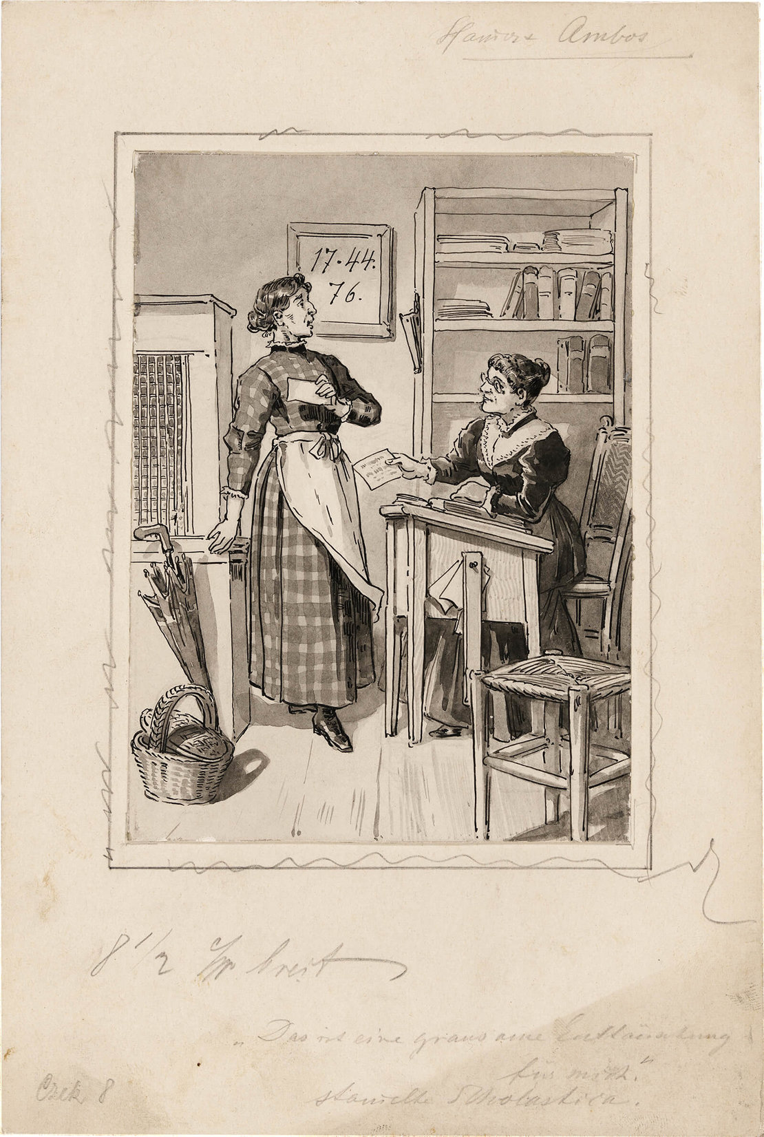 Titelbild: „Das ist eine grausame Enttäuschung für mich!“ (S. 90). Insgesamt enthält das Bändchen 1 Vollbild (Titelbild). Lavierte Federzeichnung von Richard Ernst Kepler, 1898 