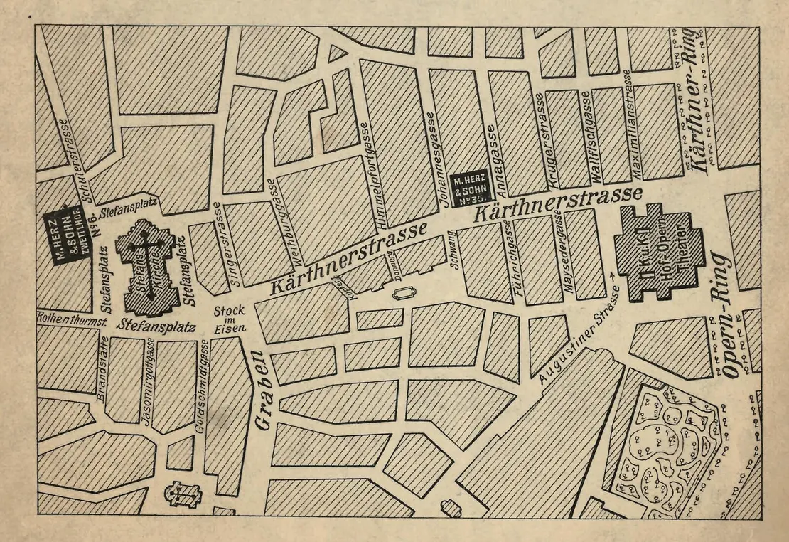 Karte Wiener Innenstadt mit den zwei Herz-Filialen nahe des Stadtzentrums St. Stephan, 1910. Quelle: M. Herz & Sohn; Preisbuch Uhren, Schmuckwaren- und Juwelen-Industrie, (1910) Nr. 1