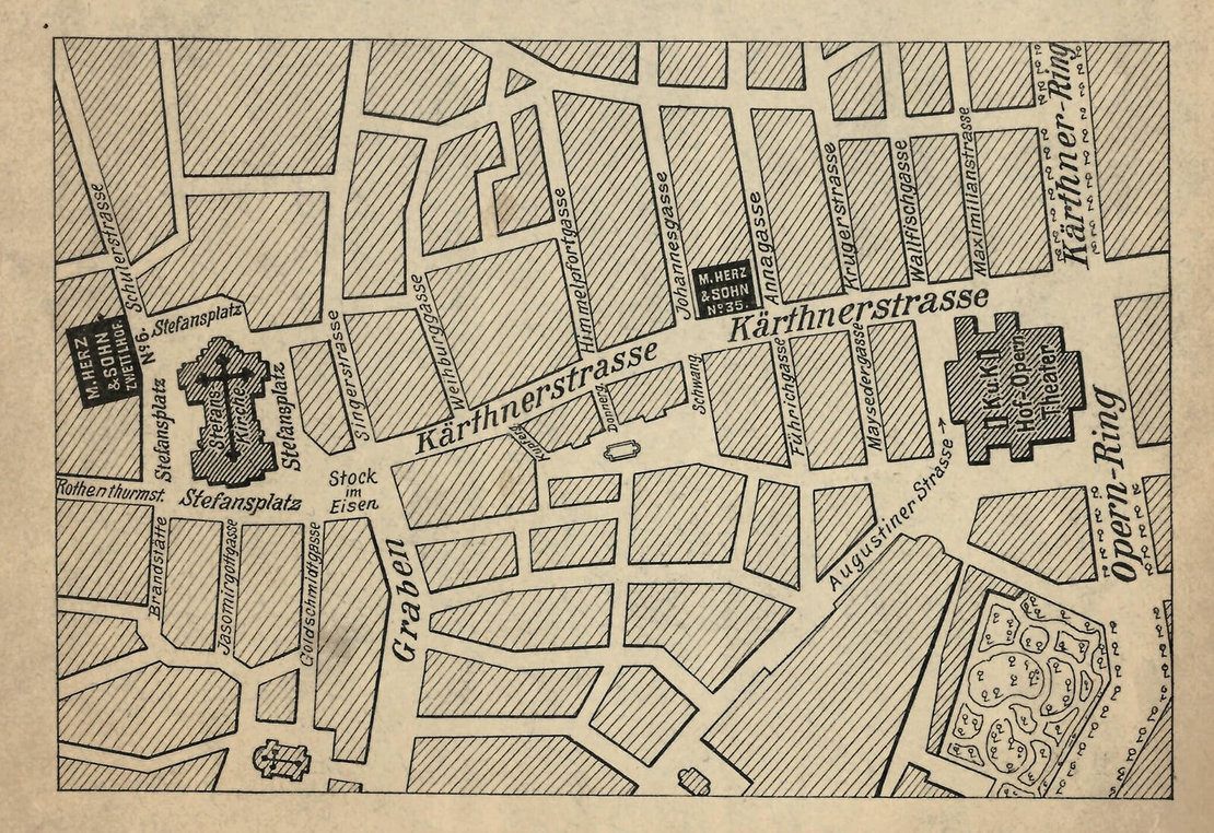 Karte Wiener Innenstadt mit den zwei Herz-Filialen nahe des Stadtzentrums St. Stephan, 1910. Quelle: M. Herz & Sohn; Preisbuch Uhren, Schmuckwaren- und Juwelen-Industrie, (1910) Nr. 1 