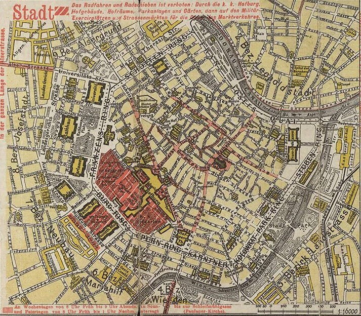 Der Radfahrplan von 1897 regelte ganz genau, wo das Radfahren gestattet war und wo nicht – das Gelände der Hofburg zwischen Burgtheater, Goethegasse und dem heutigen Museumsquartier war etwa tabu. Wienbibliothek im Rathaus