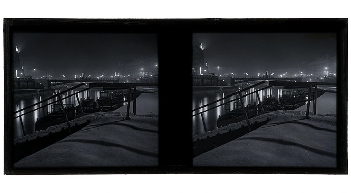 Karl Pollak, Donaukanal im Schnee, Stereopositiv (Glas), 17.02.1931, Pollak-Negativverzeichnis: Nachtaufnahmen 88, Wien Museum, Inv.-Nr. 316539/13