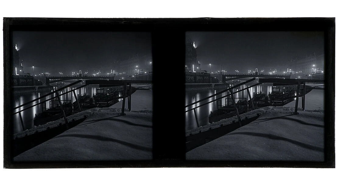 Karl Pollak, Donaukanal im Schnee, Stereopositiv (Glas), 17.02.1931, Pollak-Negativverzeichnis: Nachtaufnahmen 88, Wien Museum, Inv.-Nr. 316539/13  
