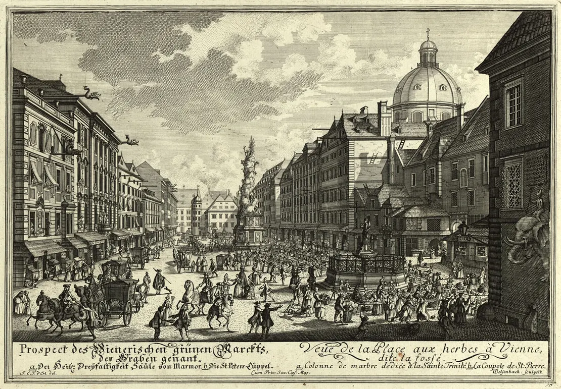 Prospect des Wienerischen grünen Marckts, der Graben genannt (Der Graben, mit dem Elefantenhaus rechts im Bild), Johann Adam Delsenbach nach Johann Emmanuel Fischer von Erlach, um 1713-1719, Wien Museum.