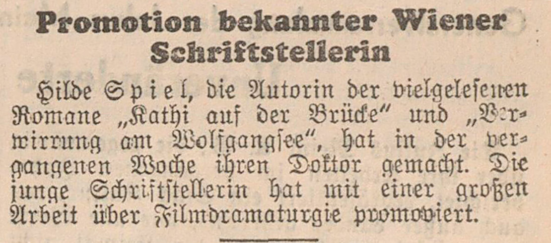 Zeitungsmeldung über Hilde Spiels Promotion, in: „Der Morgen. Wiener Montagblatt“, 27. Jänner 1936, Quelle: ANNO/ÖNB 