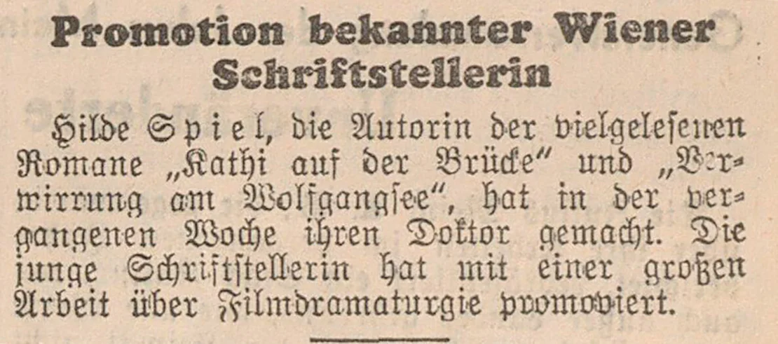 Zeitungsmeldung über Hilde Spiels Promotion, in: „Der Morgen. Wiener Montagblatt“, 27. Jänner 1936, Quelle: ANNO/ÖNB