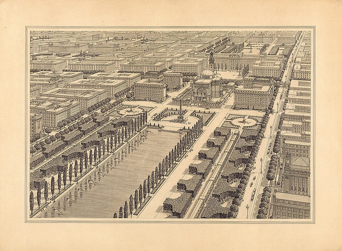 Otto Wagner: Idealentwurf des XXII. Bezirks für die Studie „Die Großstadt“, Zeichnung 1911, Sammlung Wien Museum