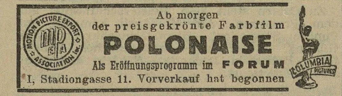 Inserat zur Eröffnung des Forum Kinos in Die Weltpresse vom 5. April 1950, ANNO/ÖNB