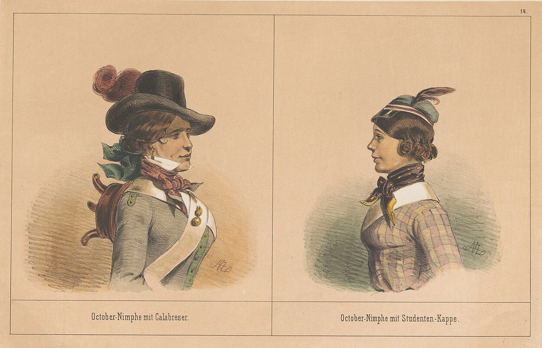 Anton Zampis: "October-Nimphe mit Calabreser. - October-Nimphe mit Studenten-Kappe." (Nr. 14 der Serie "Chronologie / der / Kopfbedeckungen / in dem denkwürdigsten aller Jahre: / 1848. / von / A. Zampis") , 1848, Wien Museum