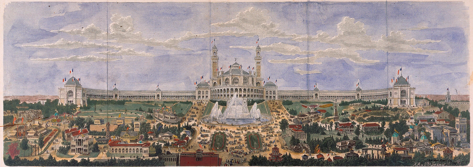 Weltausstellung Paris 1878, Palais du Trocadéro, kolorierter Holzsstich, akg-images / picturedesk.com