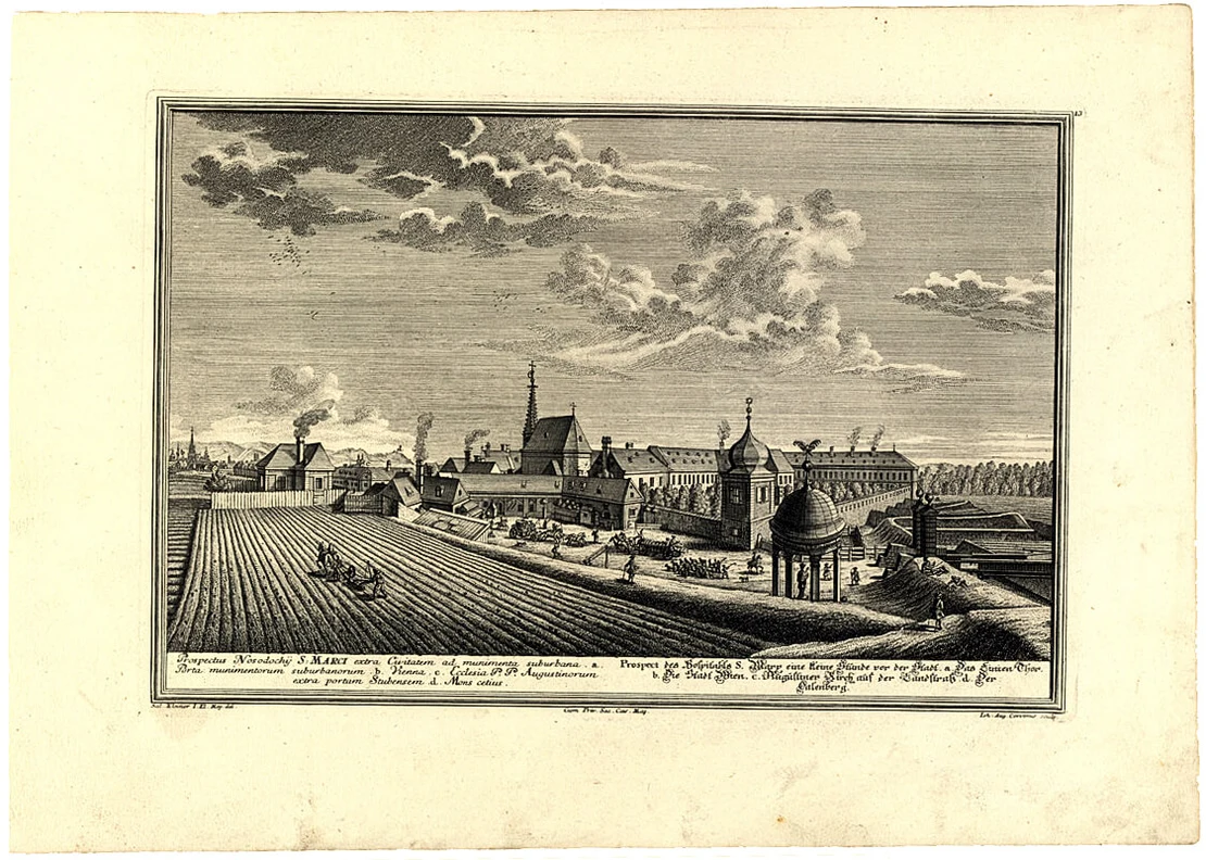 Spital St. Marx vom Linienwall aus auf einem Kupferstich nach Salomon Kleiner, 1733, Wien Museum