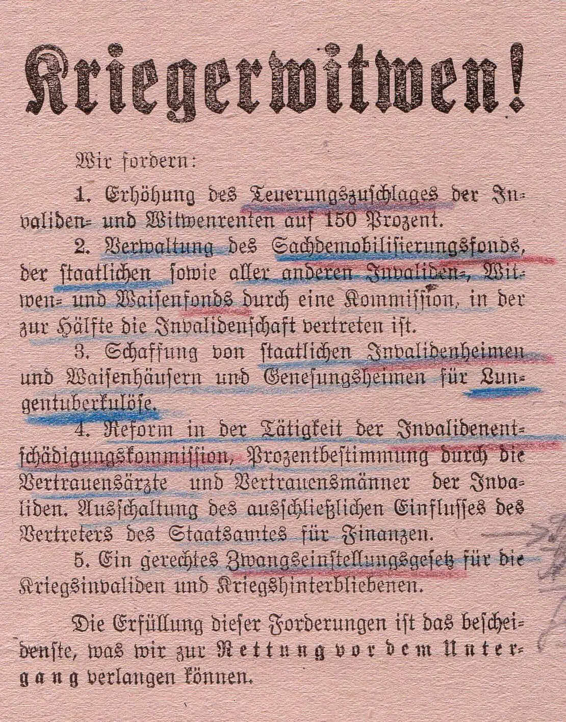Flugblatt mit Forderungen der Kriegerwitwen, 1920, ÖStA/AdR, BMfSV, Kt 1372, Zl. 12074/1920  