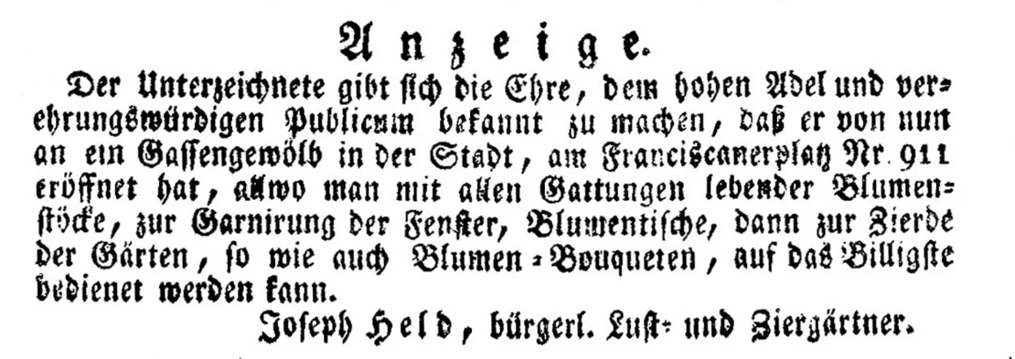 Joseph Held bewirbt am 22. Mai 1824 in der Wiener Zeitung seinen neuen Blumenladen am Franziskanerplatz. ANNO/ÖNB