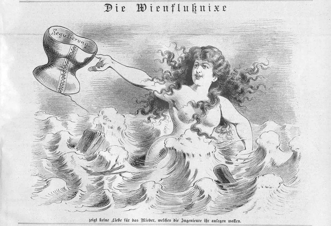 Karikatur zur Wienfluss-Einwölbung, erschienen in: Humoristisches Volksblatt, 12. August 1897, Quelle: ANNO/ÖNB