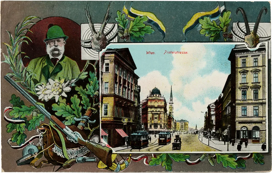 „Praterstrasse“ anlässlich der Internationalen Jagdausstellung im Prater, 1910, Hersteller: unbekannt,  Wien Museum   