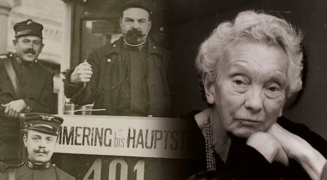 Links: Schaffner in der Remise, Straßenbahnlinie 7, um 1913, Wien Museum, Rechts: Ilse Helbich, Foto: Privat  