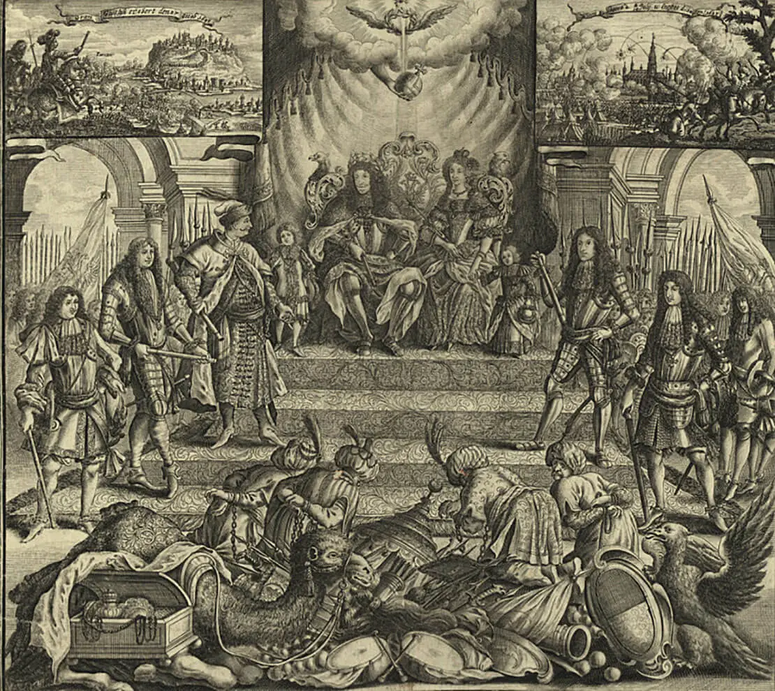Das Gefolge von Kaiser Leopold I. (hier mit Familie und den Verbündeten von 1683 als Türkensieger dargestellt) sorgte für eine Spur der Ansteckung in Österreich. Kupferstich, nach 1683, Wien Museum