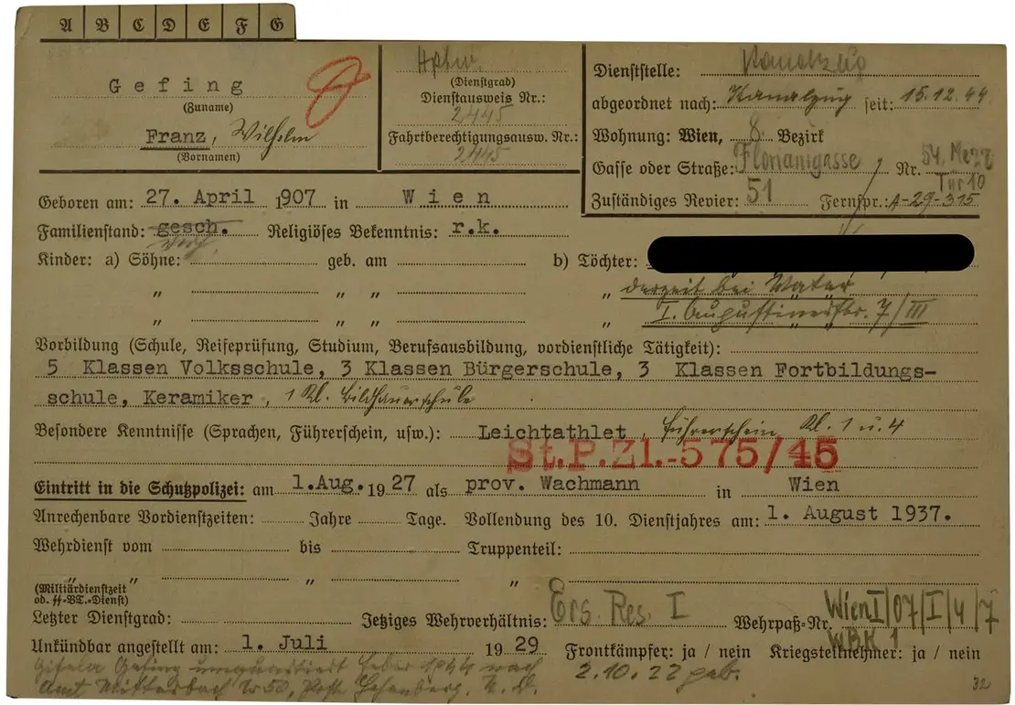 Dienststelle Kanalzug. Quelle: Wiener Stadt- und Landesarchiv, Gauakten, A1 – ‚Gauakten‘: Personalakten des Gaues Wien: Urk.Zl. 100.178.  