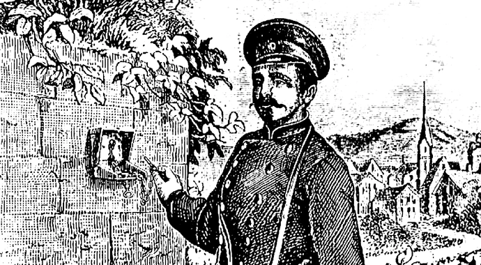 Abbildung eines Nachtwächters in einem Bürk- Prospekt von 1885 (Ausschnitt)