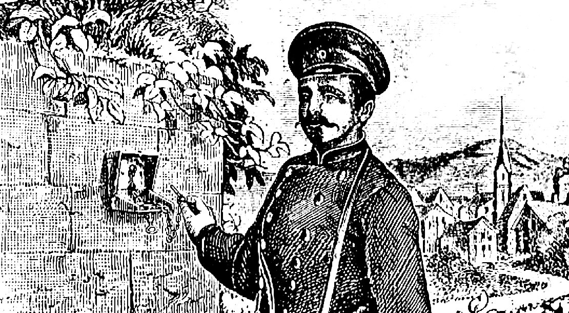 Abbildung eines Nachtwächters in einem Bürk- Prospekt von 1885 (Ausschnitt) 